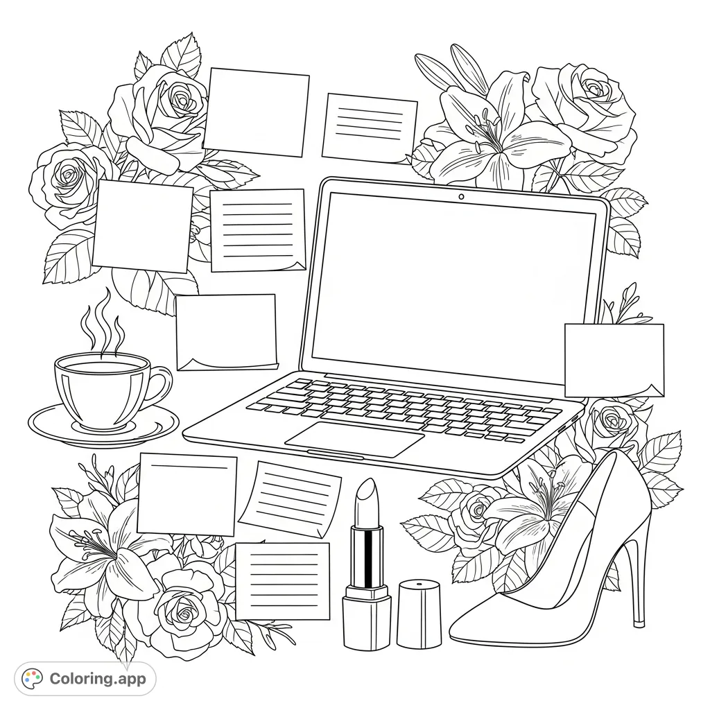 Empower your creativity with this boss babe universe coloring page! A stylish collage of laptop, coffee, heels, lipstick, and blooming florals.