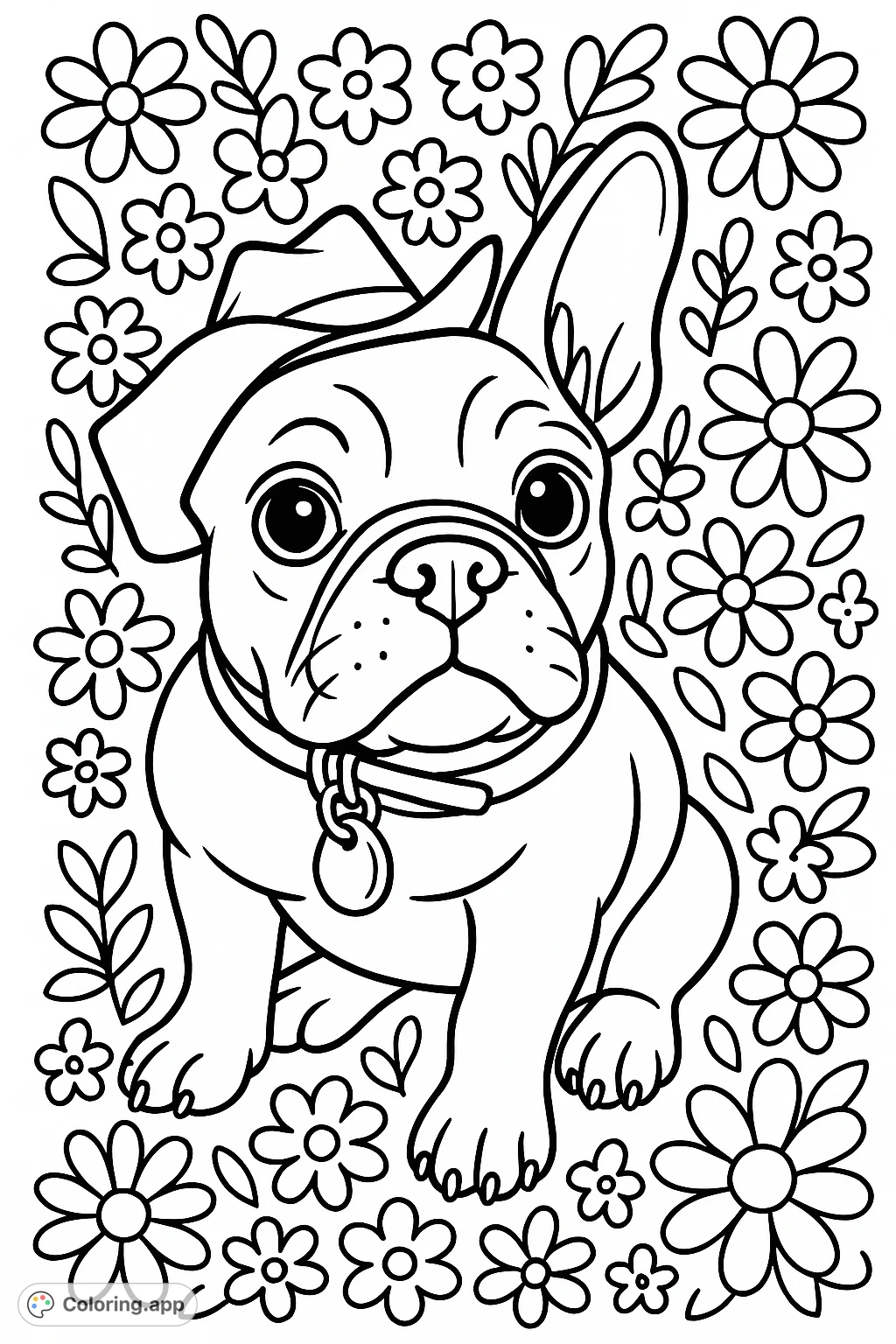 An adorable French Bulldog puppy wearing a cowboy hat, ready for a fun adventure. Surrounded by flowers, perfect for kids and dog lovers.