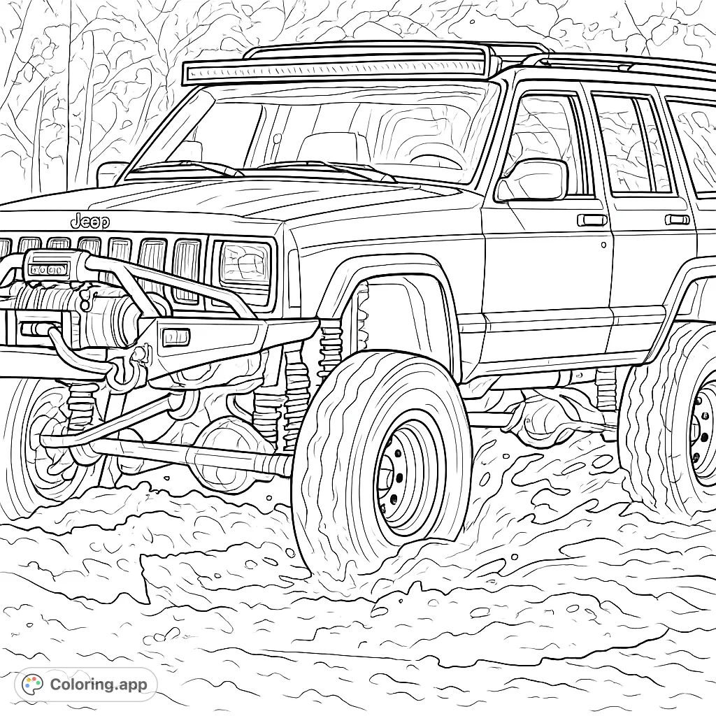 Experience the thrill of off-roading with this rugged SUV covered in mud, splashing through a challenging trail. Perfect for adventure enthusiasts!