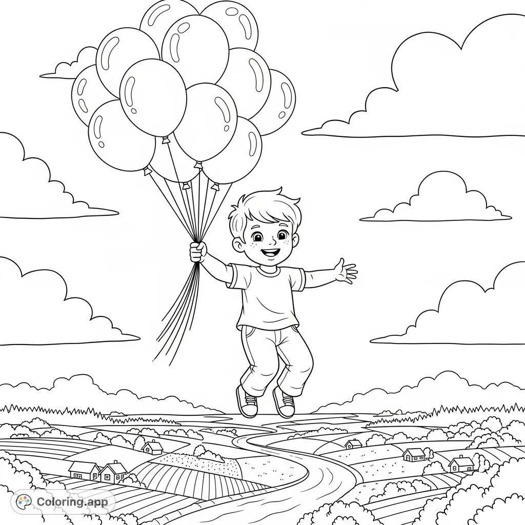 A joyful boy floats through the sky, holding a large bouquet of balloons, with a serene landscape of fields and a winding river below. A delightful scene for coloring.