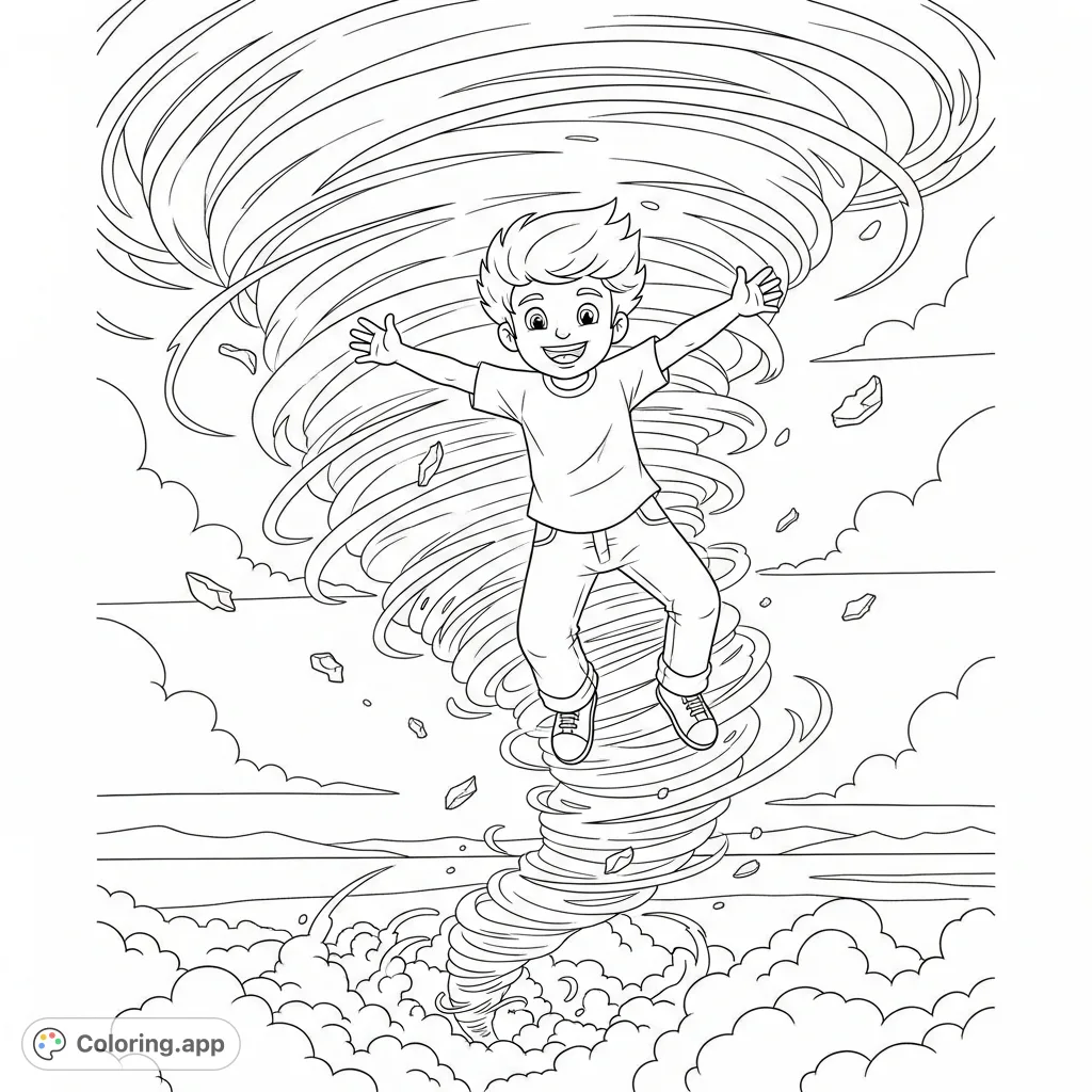 A joyful boy is captured flying within a whimsical tornado, arms outstretched in delight. This dynamic scene invites creativity, perfect for adventurous spirits.