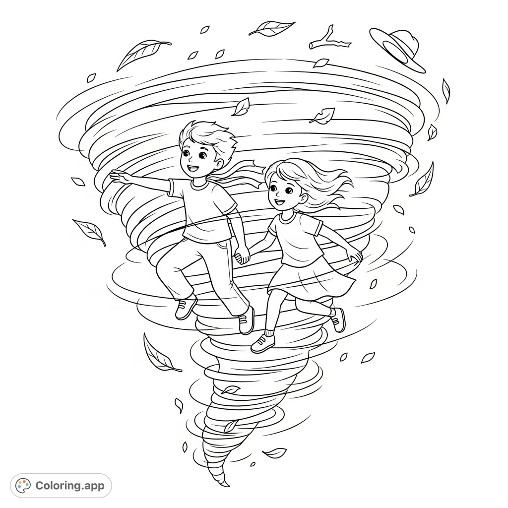 Experience a whimsical adventure with a happy boy and girl flying joyfully inside a dynamic tornado, surrounded by swirling wind and playful debris.