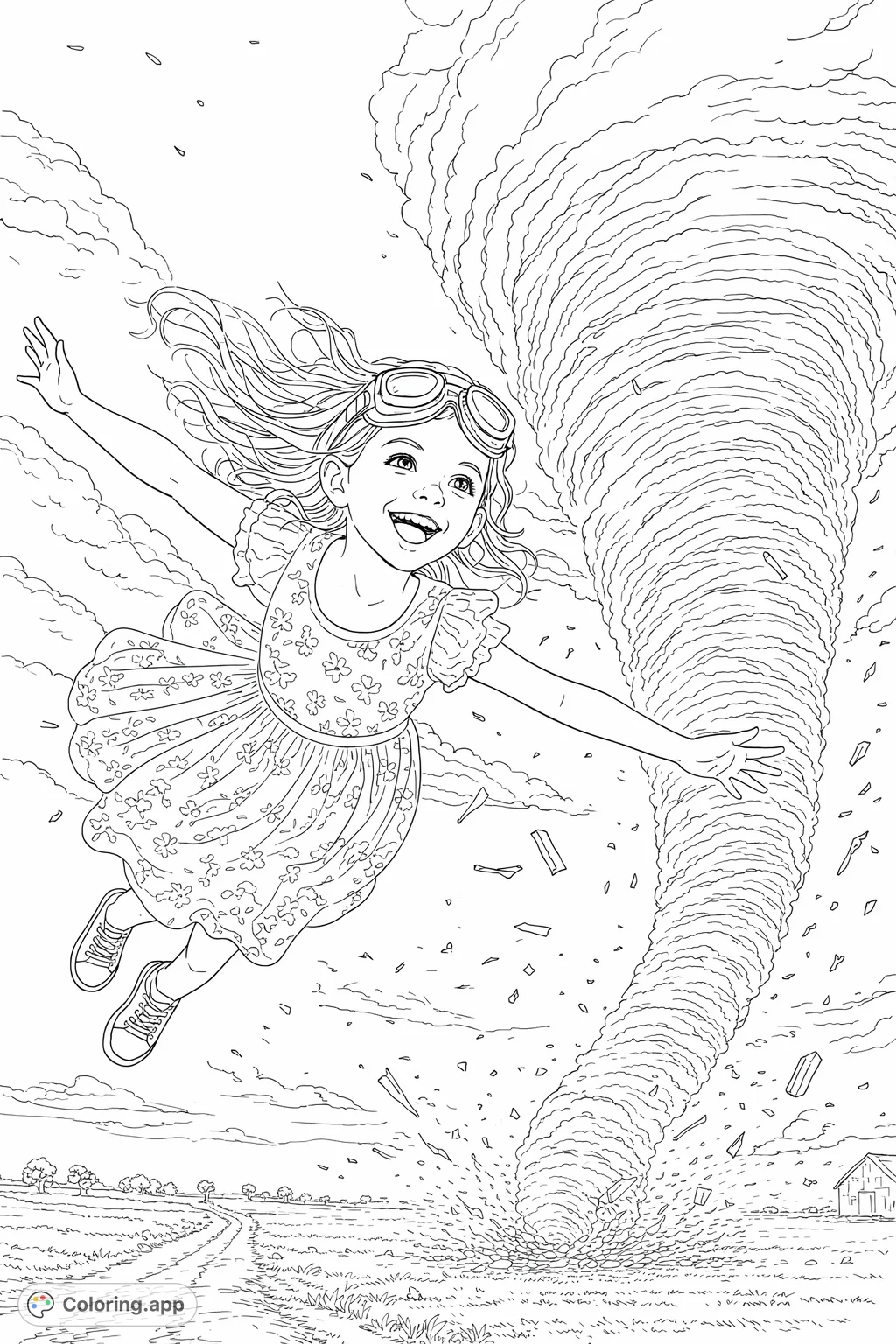 Experience an imaginative storm adventure. A joyful child with aviator goggles soars near a powerful tornado and swirling debris in a dynamic scene.