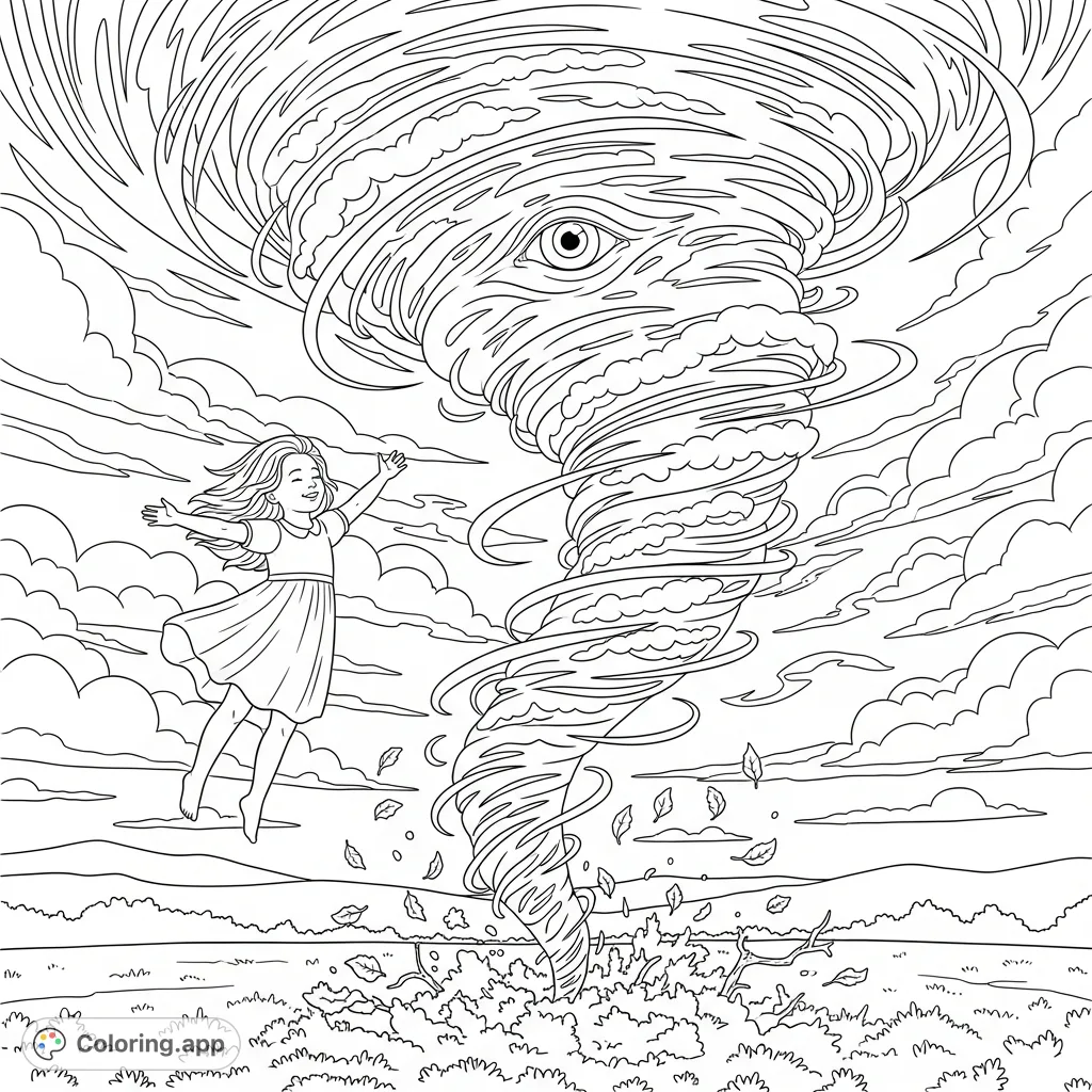 A cheerful little girl playfully flying around a majestic, spiraling tornado amidst rolling hills. A captivating scene for imaginative coloring.