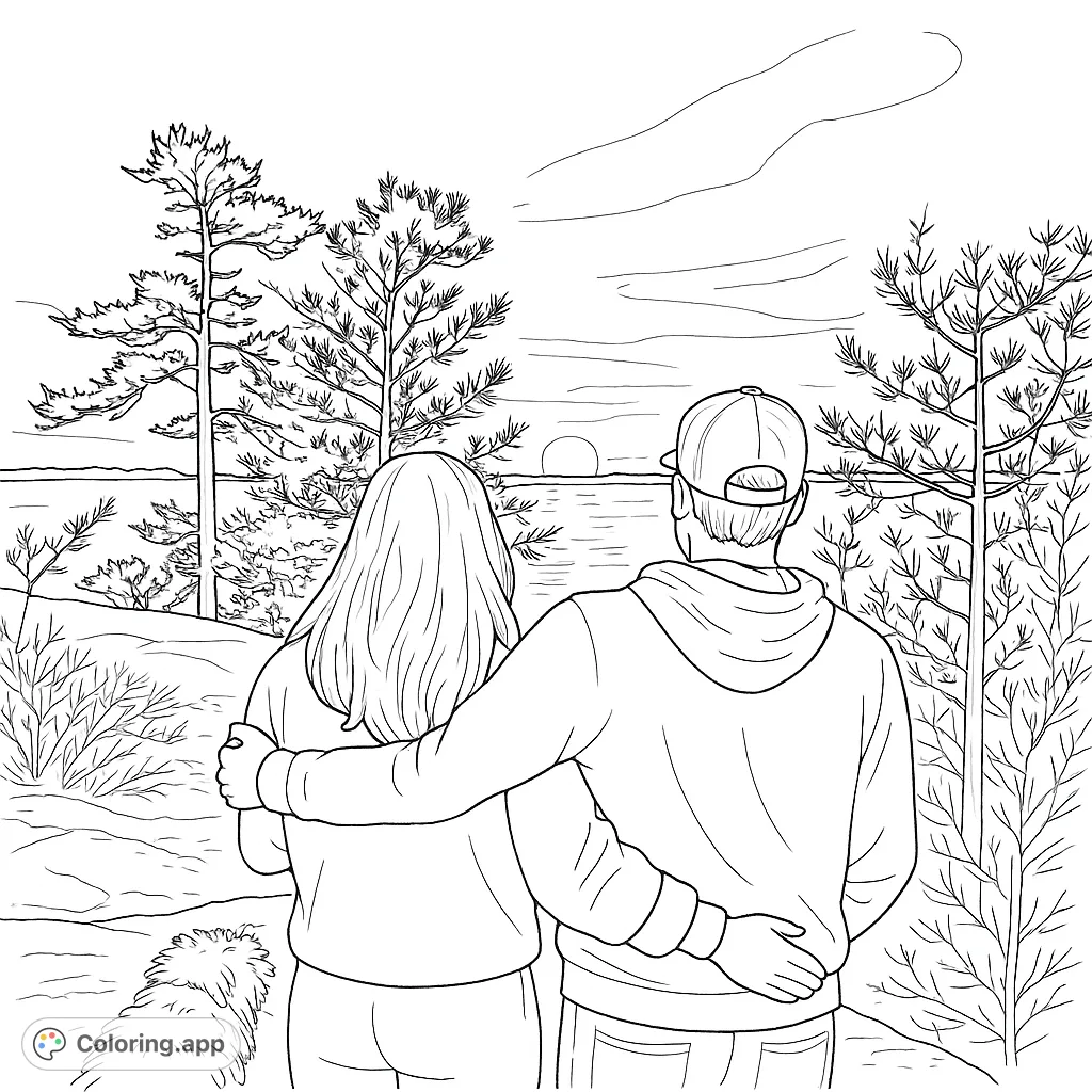 A romantic scene of a couple embracing while watching a breathtaking sunset over a serene body of water, framed by majestic trees. A perfect realistic coloring page.