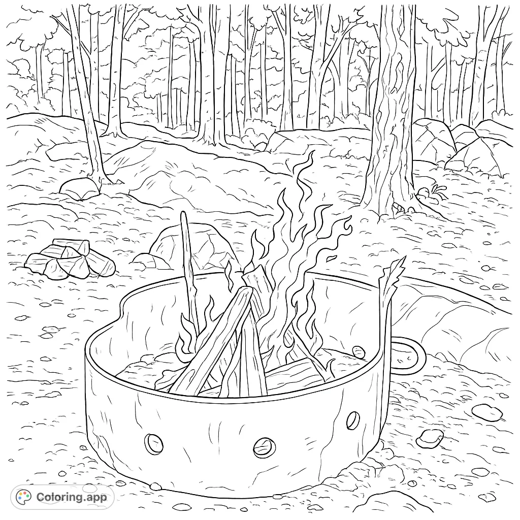 A realistic campfire scene in a forest, featuring a metal fire pit with dancing flames, stacked logs, and a serene woodland background. Perfect for nature lovers.