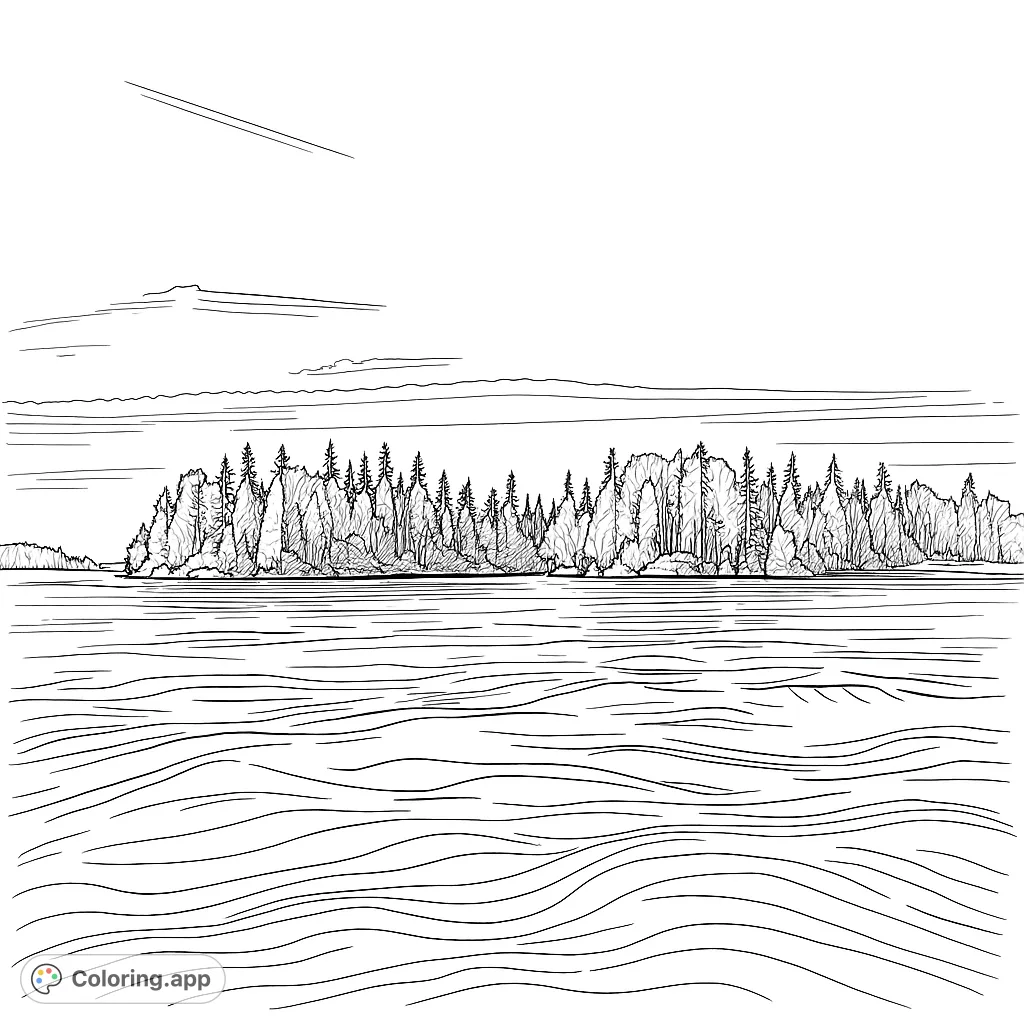 Explore a tranquil forest island water landscape coloring page. Dense trees line a rocky shore, reflected in rippling water under a vast sky with wispy clouds.