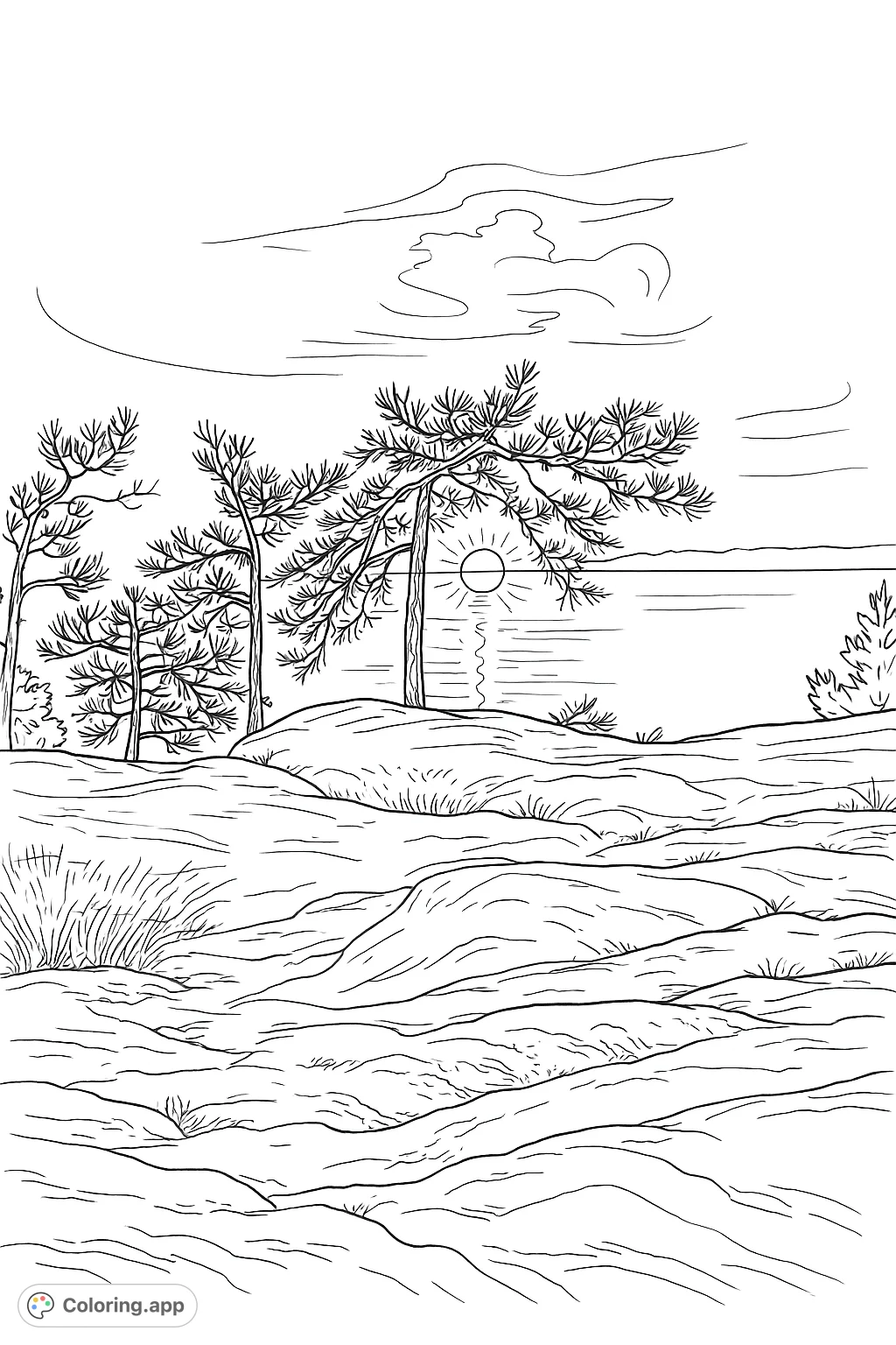 A serene landscape featuring rugged rocks, silhouetted pine trees, and a tranquil lake under a vast sky. Perfect for nature lovers.