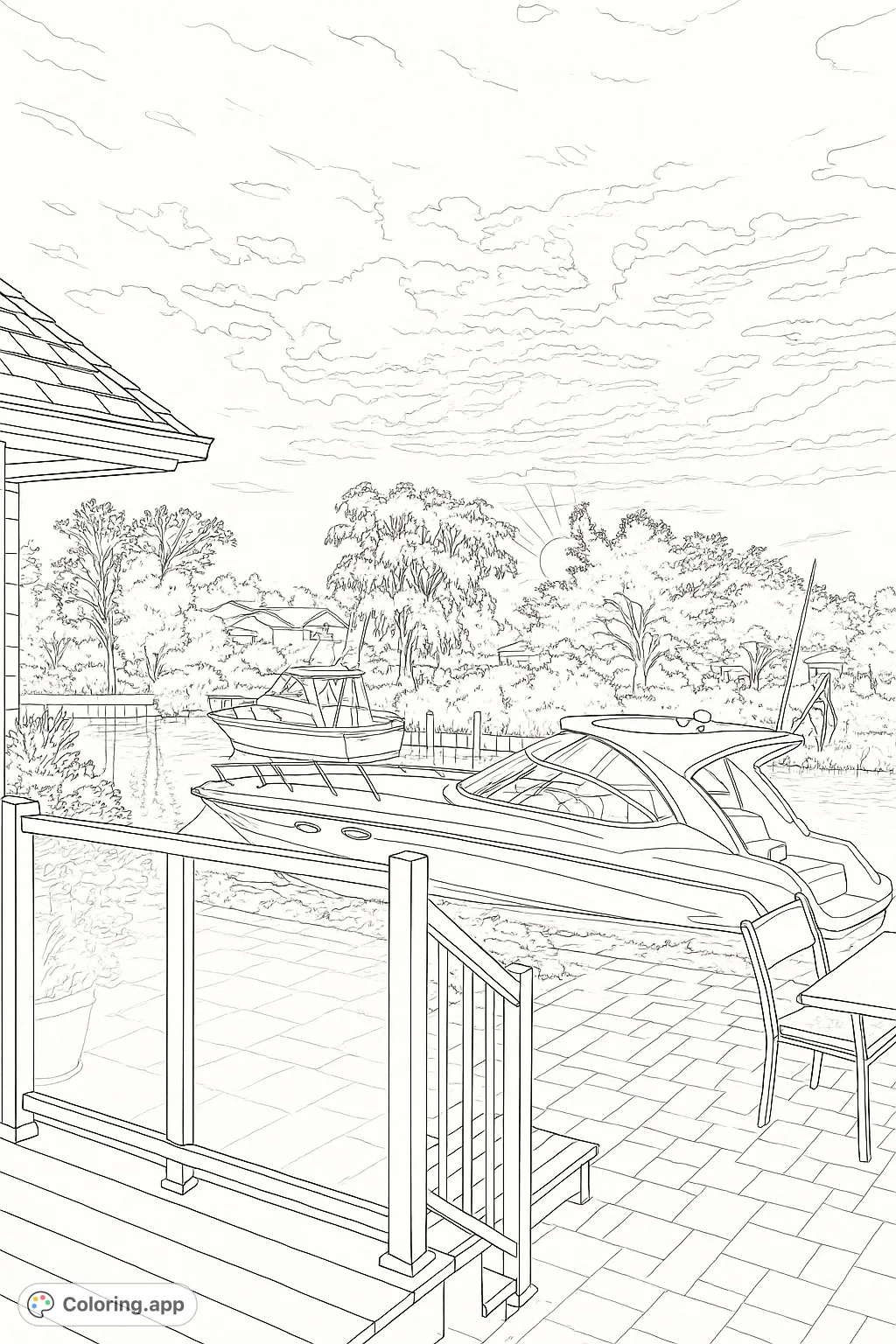 Capture the serene beauty of a riverside evening with boats docked by a patio. This realistic coloring page features detailed vessels, lush trees, and a dramatic sky.