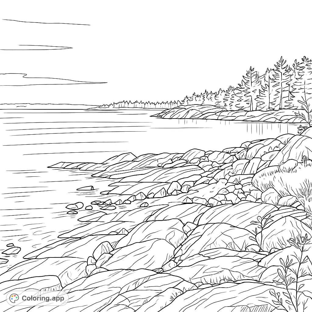 Explore a serene coastal landscape featuring rugged rock formations, calm waters, and a distant treeline. A realistic nature scene for all ages.