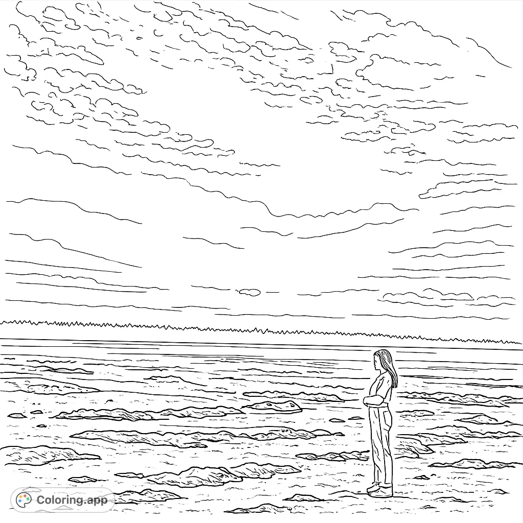 Explore a serene coastal scene with a lone figure gazing at the horizon over vast tidal flats and a distant forest. A peaceful nature escape.