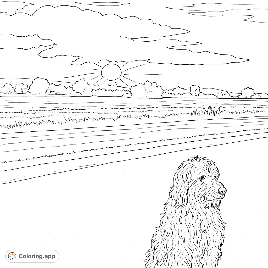 A charming shaggy dog sits on a country road, gazing at a beautiful sunset over expansive fields and distant trees. A serene nature scene for all ages.