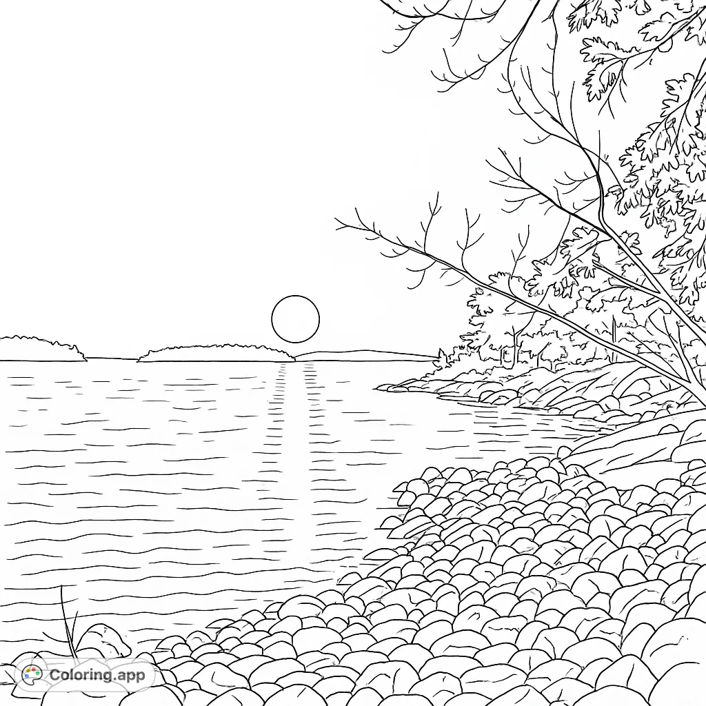 Capture the beauty of a serene sunset over a rocky lake shore with this tranquil coloring page. Features a radiant sun, shimmering water, and detailed natural elements.