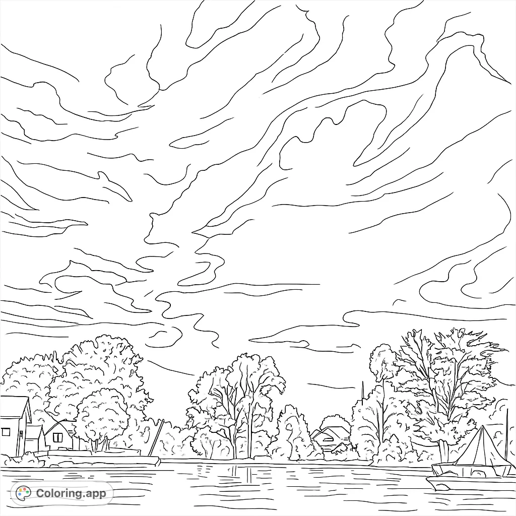 Capture the serene beauty of a sky filled with dramatic, winding clouds over a tranquil body of water and a distant tree line. A peaceful nature scene awaits your creative touch.