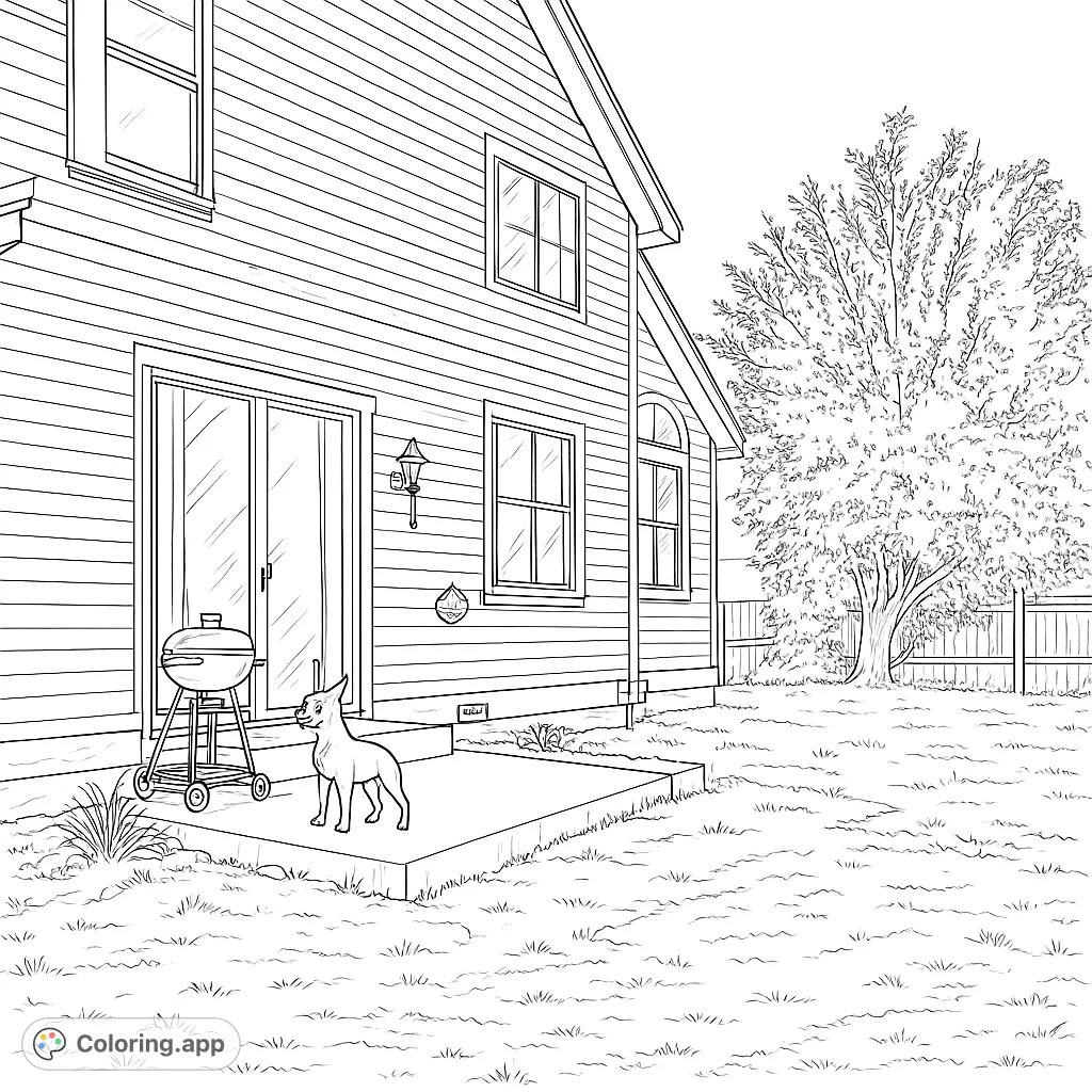 Explore a detailed backyard scene featuring a charming house, a playful dog on the patio, and a lush tree. Perfect for a relaxing coloring experience.