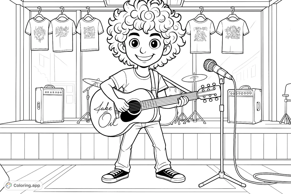 A cheerful young musician with curly hair plays an acoustic guitar on stage, surrounded by musical instruments and merchandise. Perfect for music lovers!