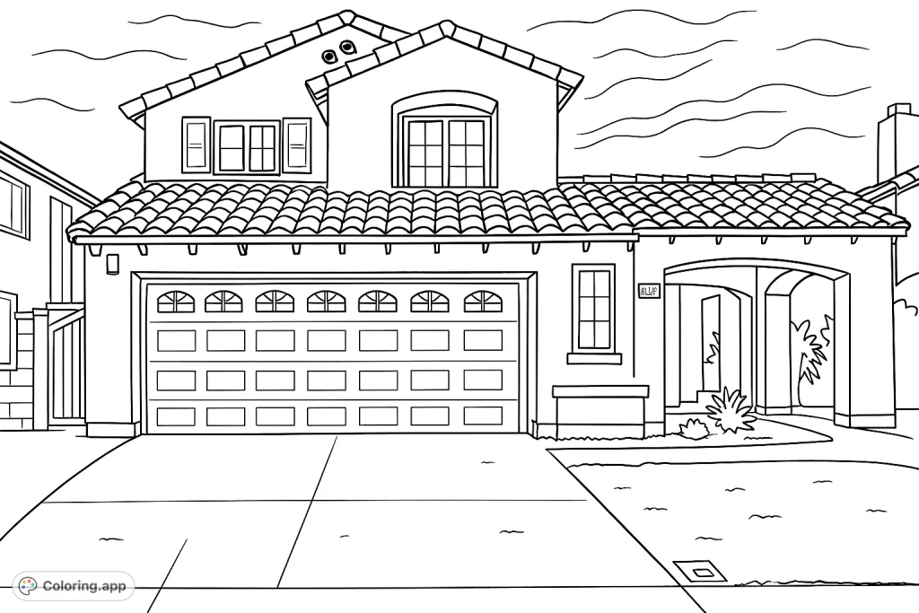 Color a charming two-story suburban home featuring a distinctive tiled roof, large garage, and inviting entryway. Perfect for architecture enthusiasts.