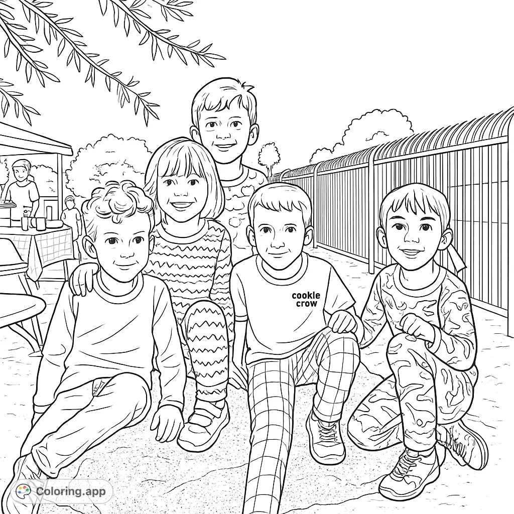 A cheerful group of five children gathered on a large rock in an outdoor setting, perfect for a fun kids playing coloring page.
