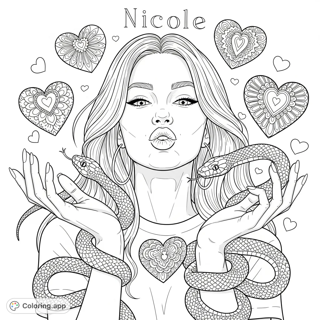 A captivating Nicole coloring page featuring stylized kiss lips, floating hearts, and intricately woven snakes. A unique free printable coloring page.
