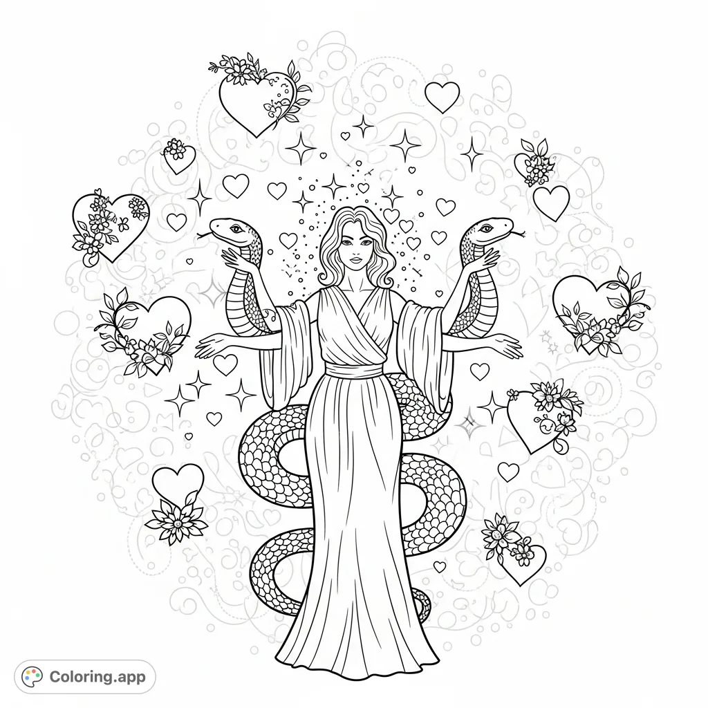 A captivating Nicole Love coloring page featuring her surrounded by stylized snakes, floating hearts, delicate flowers, and shimmering sparkles. A unique blend of charm and mystique.