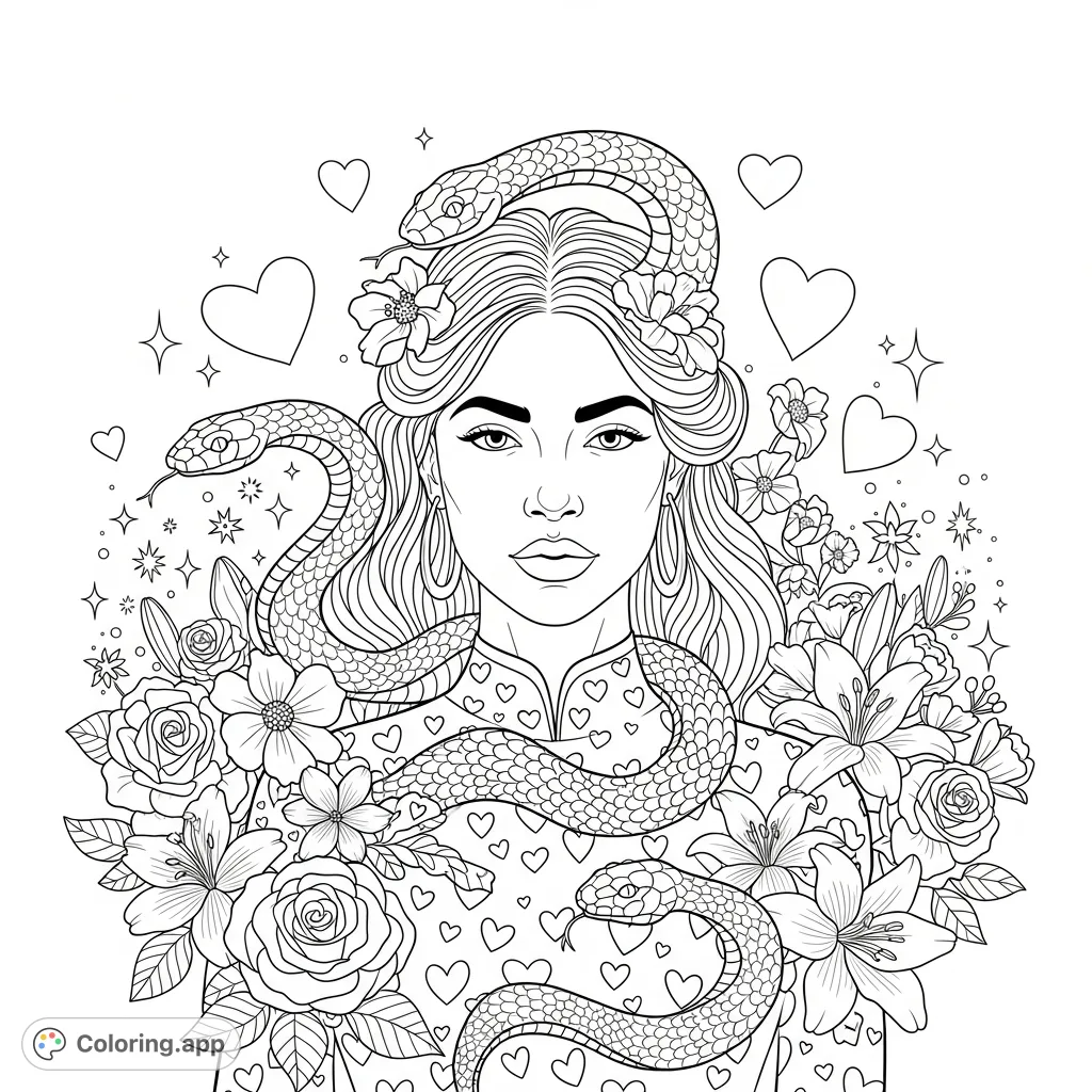 Color a captivating portrait of Nicole Love, adorned with intricate snakes, delicate hearts, blooming flowers, and shimmering sparkles.