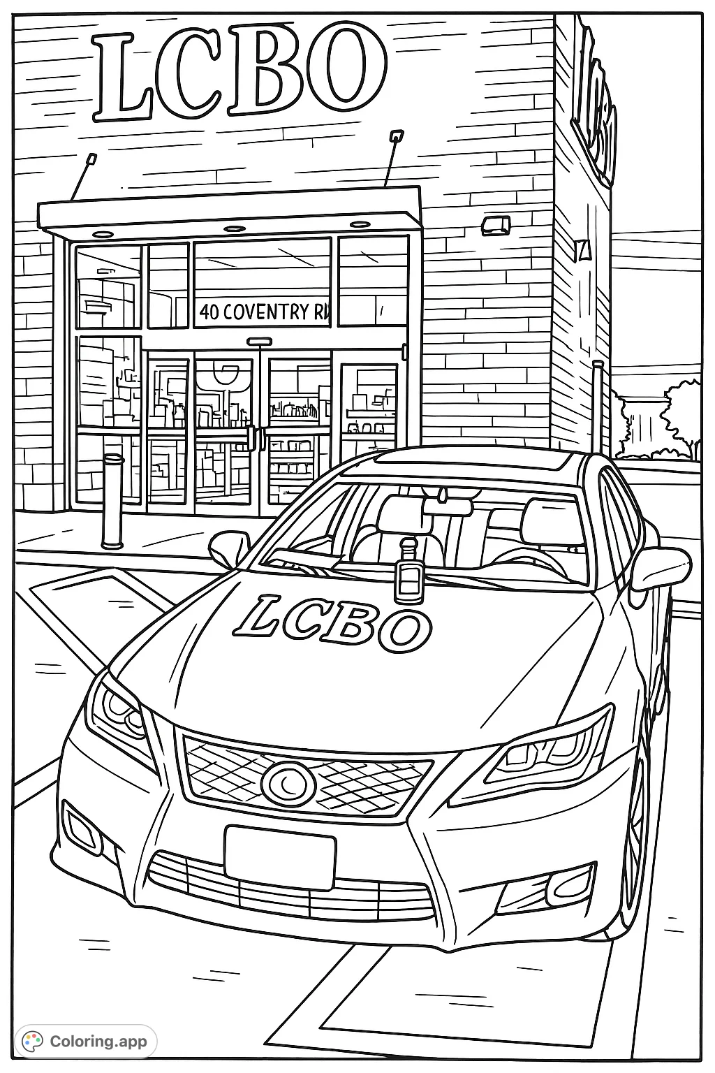 A detailed coloring page featuring a sleek, modern car parked in front of a contemporary store with a large glass facade, perfect for car enthusiasts.