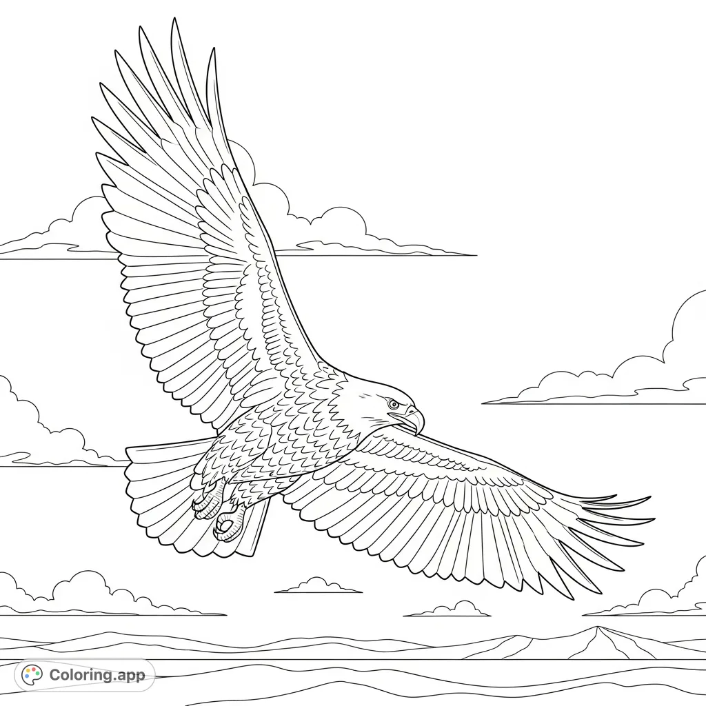 A magnificent eagle gracefully soars across a vast, open sky, wings spread wide. This free printable eagle coloring page offers a serene aerial scene for all ages.