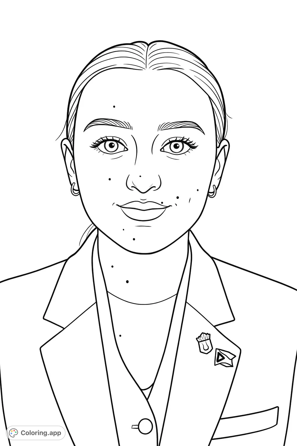 A detailed portrait of a young woman in a blazer, featuring intricate facial details, a structured outfit, and unique lapel pins, perfect for expressive coloring.