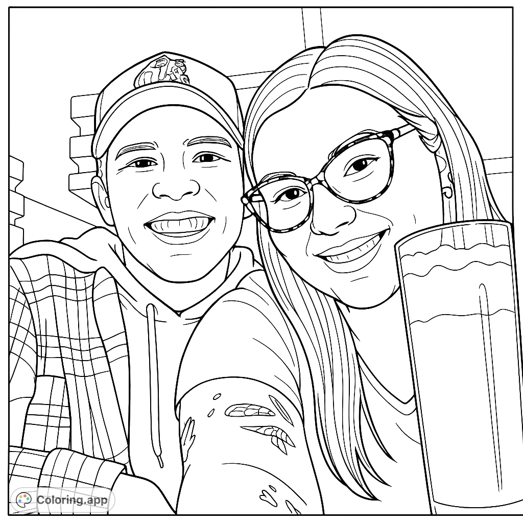 A cheerful couple smiles broadly, sharing a moment with a layered drink. Perfect for a couple's portrait coloring page, celebrating connection and joy.