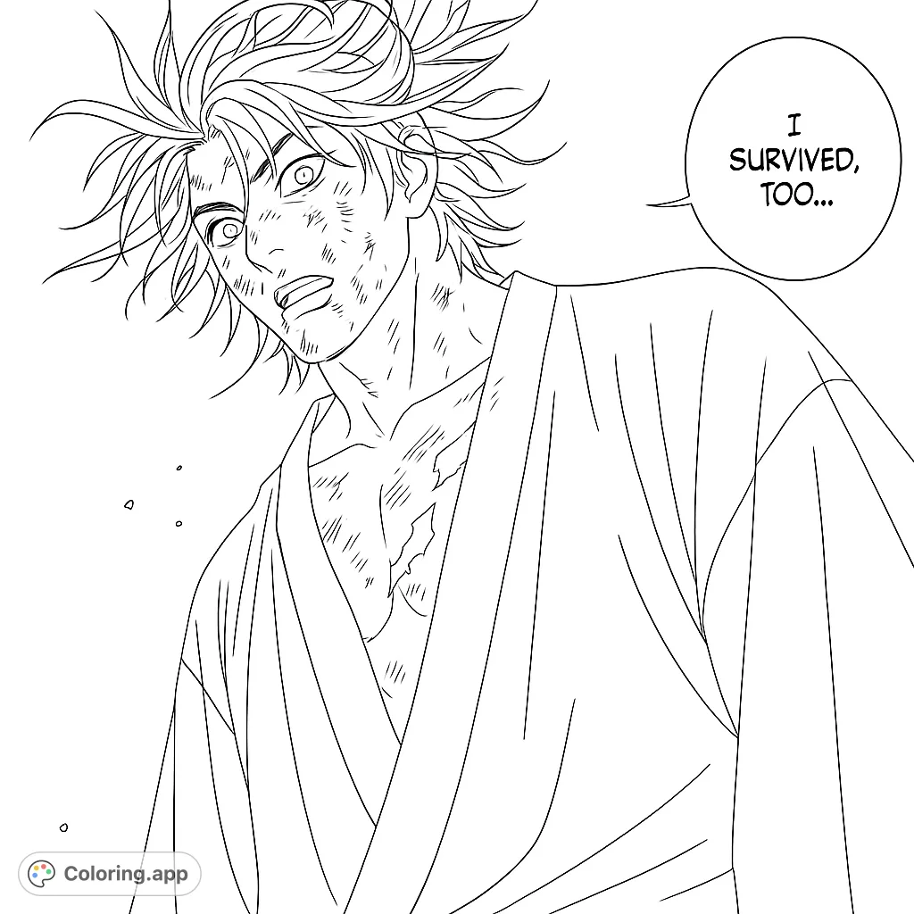 An anime-inspired warrior with a determined expression and battle-worn features, ready for your creative touch. A free printable coloring page for anime fans.