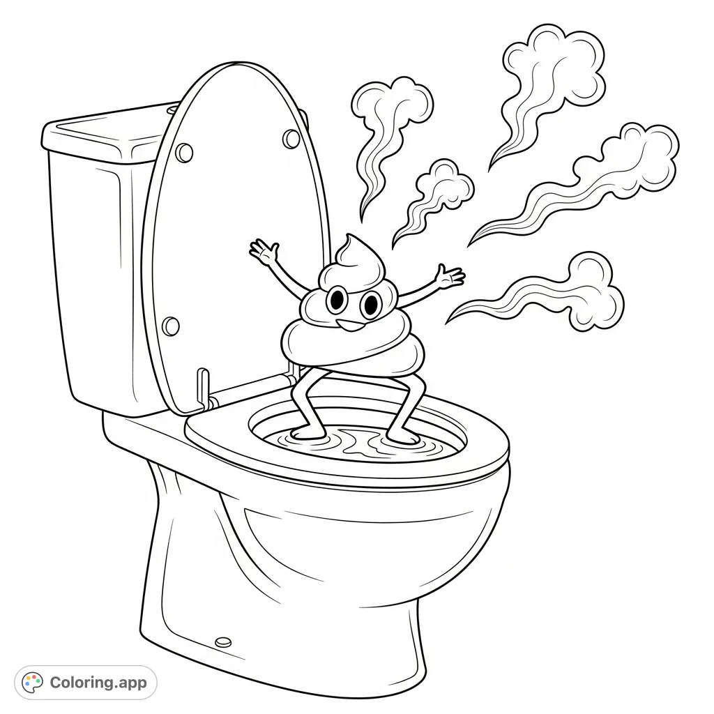 A hilarious toilet coloring page featuring a whimsical dancing poop character with wavy aroma clouds. Perfect for a giggle and creative expression!