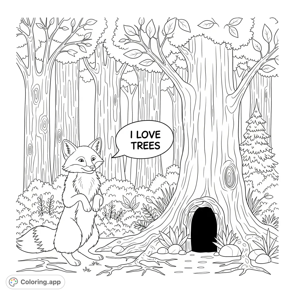 A delightful fox declares "I love trees" in a speech bubble, standing amidst a detailed forest with a cozy fox den. Perfect for nature lovers!