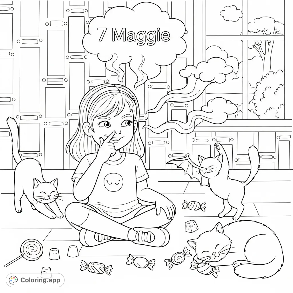 Join Maggie, a 7-year-old girl, in her playful world filled with mischievous cats, scattered candies, and a touch of silly fun. A delightful free printable coloring page.