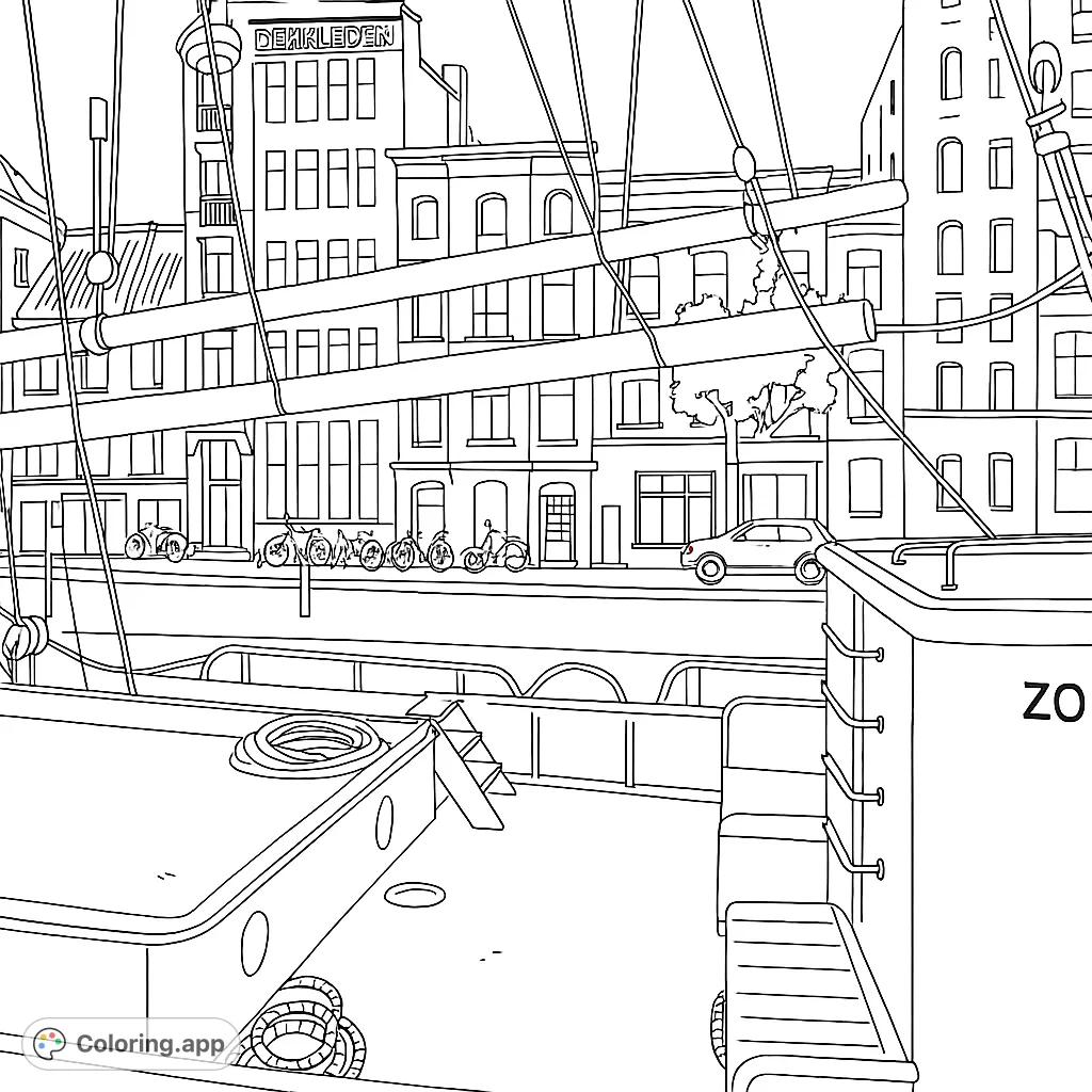 Explore a detailed historic canal boat coloring page, featuring intricate rigging, classic brick buildings, and a bustling urban street scene.