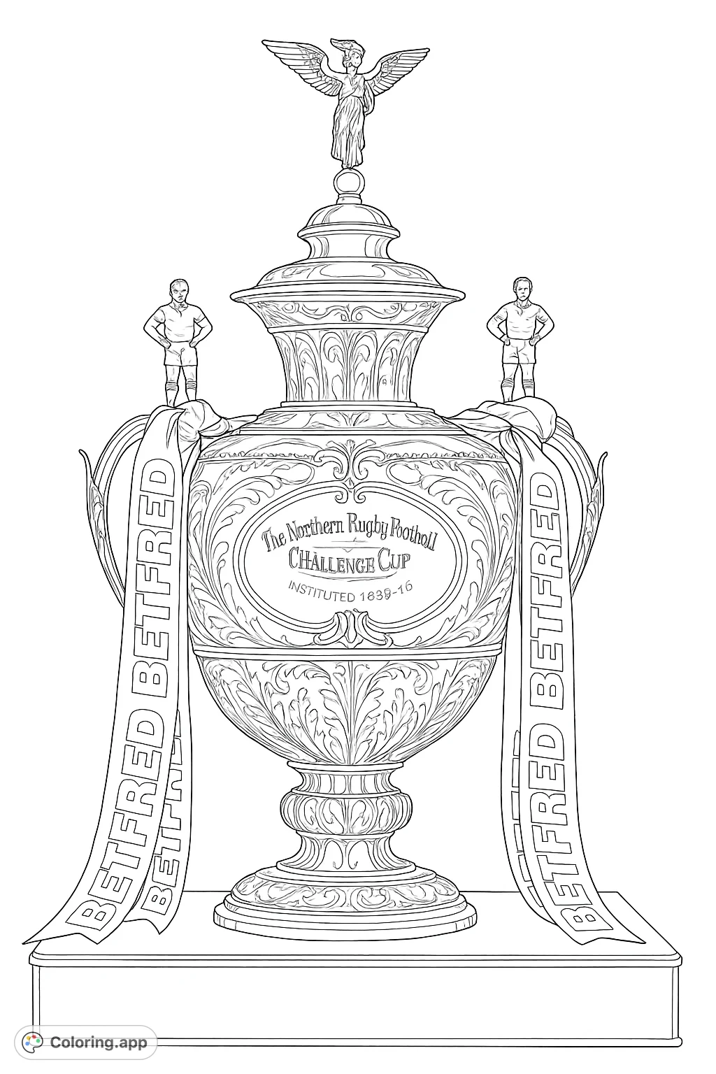 Detailed rugby challenge cup coloring page, featuring intricate designs, player figures, and flowing ribbons. Perfect for sports enthusiasts.