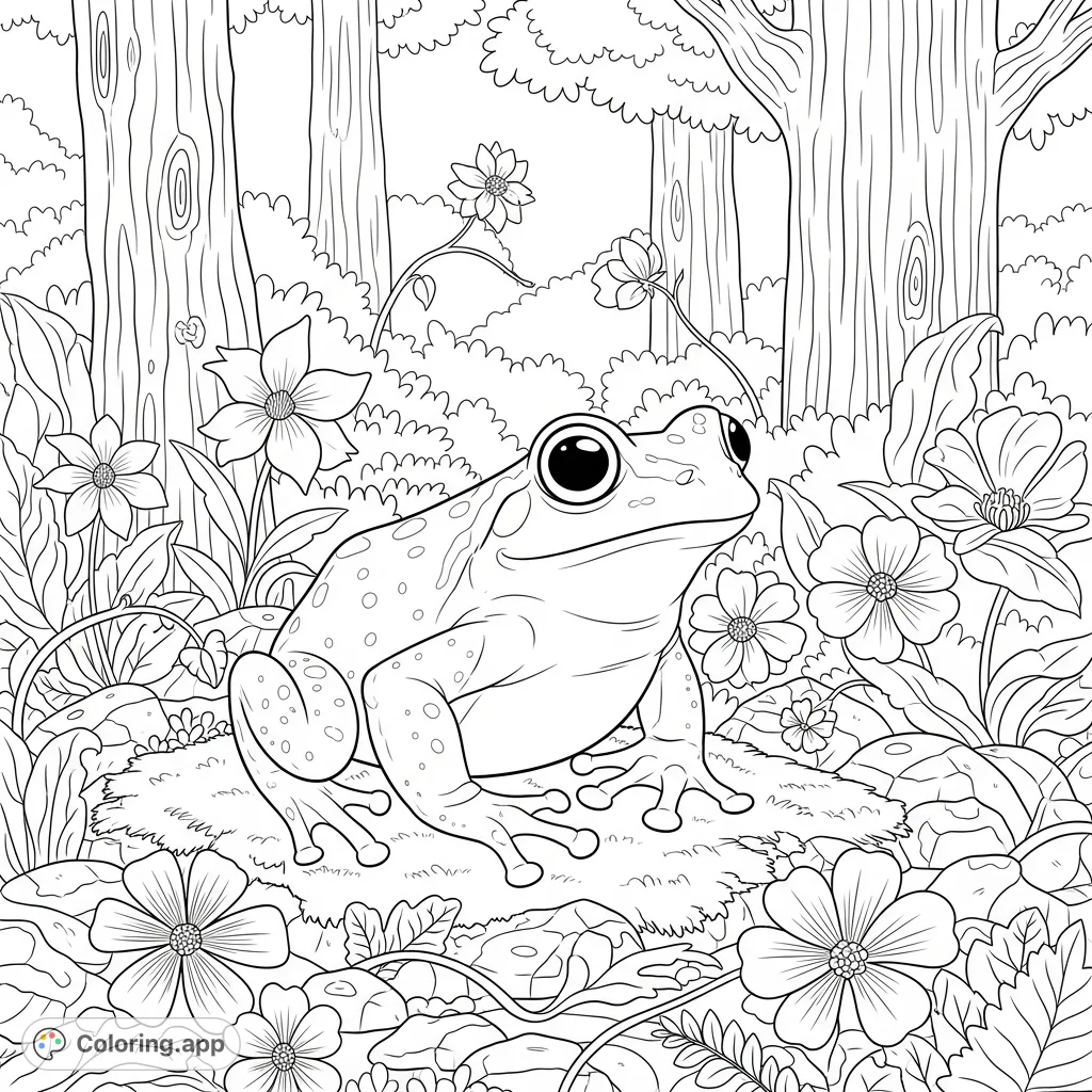 Discover a charming frog nestled amidst a lush forest floor, surrounded by a variety of delicate flowers and natural textures. A delightful nature scene.