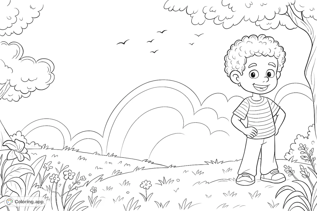 A cheerful boy stands on a rolling grassy hill, surrounded by wildflowers and trees, under a sky with fluffy clouds and flying birds. A delightful scene for coloring.