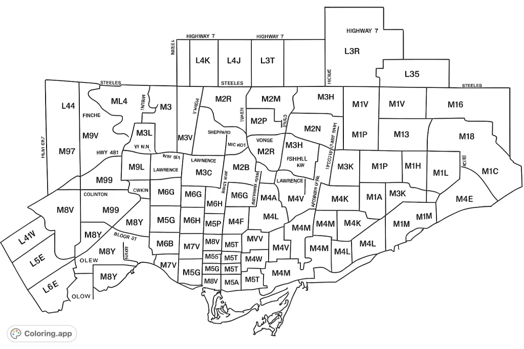 Explore a detailed urban postal zone map, featuring numerous irregular shapes, alphanumeric labels, and major road boundaries for an engaging coloring experience.