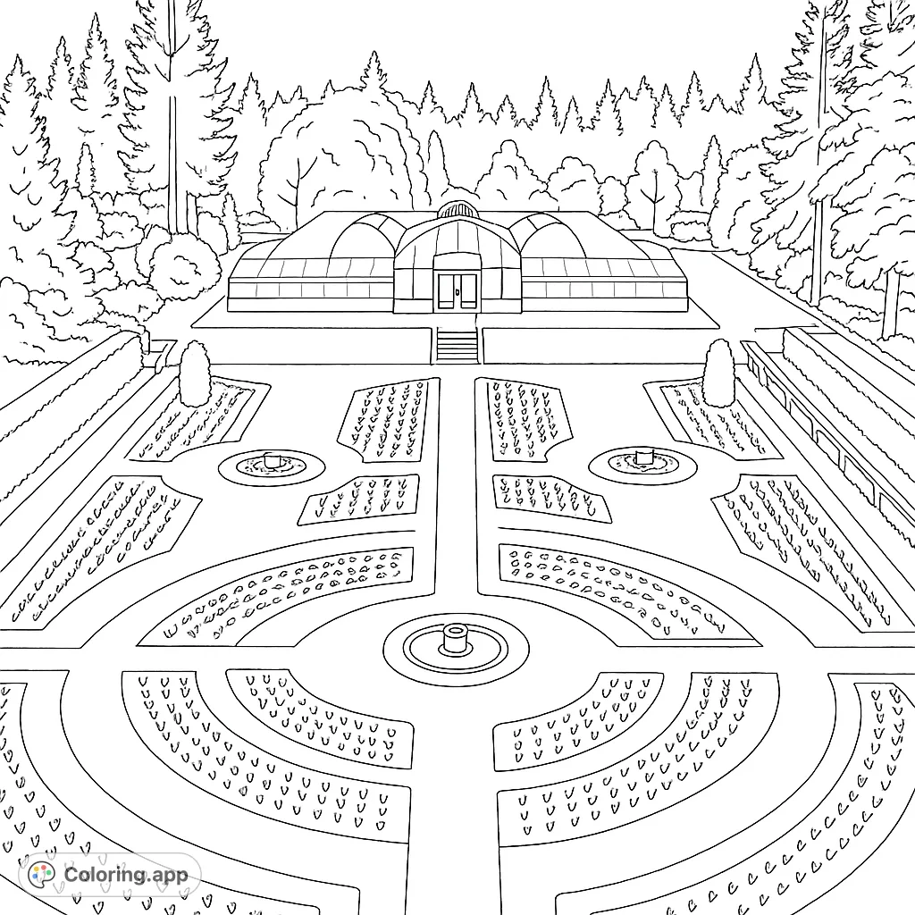 Explore a grand formal garden with intricate geometric patterns, leading to a large greenhouse complex surrounded by dense forest. A detailed nature and architecture scene.