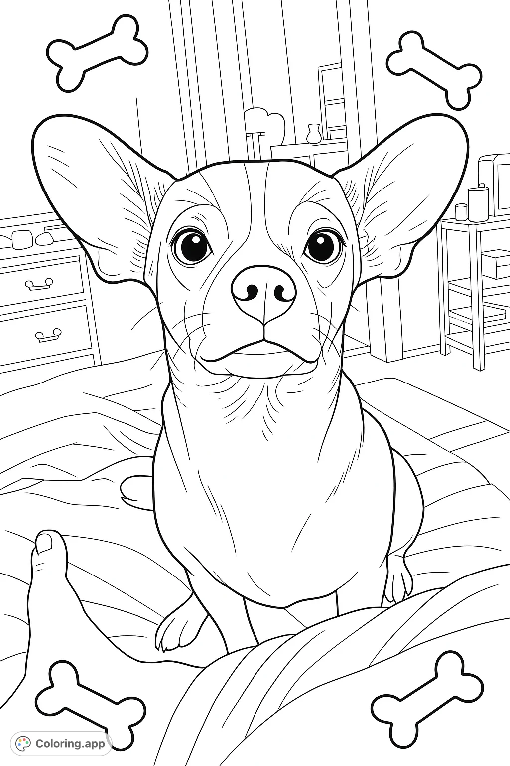 Color this charming dog with large ears and expressive eyes, sitting on a cozy bed. A simple, realistic design with decorative dog bones.