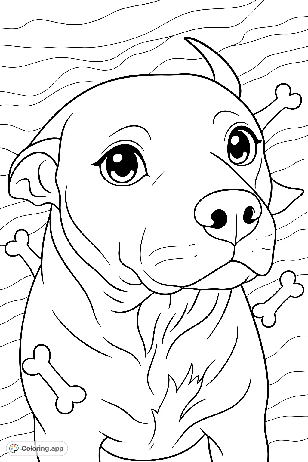 A charming anime-inspired dog portrait coloring page, perfect for pet lovers. Features expressive eyes and playful dog bone accents.