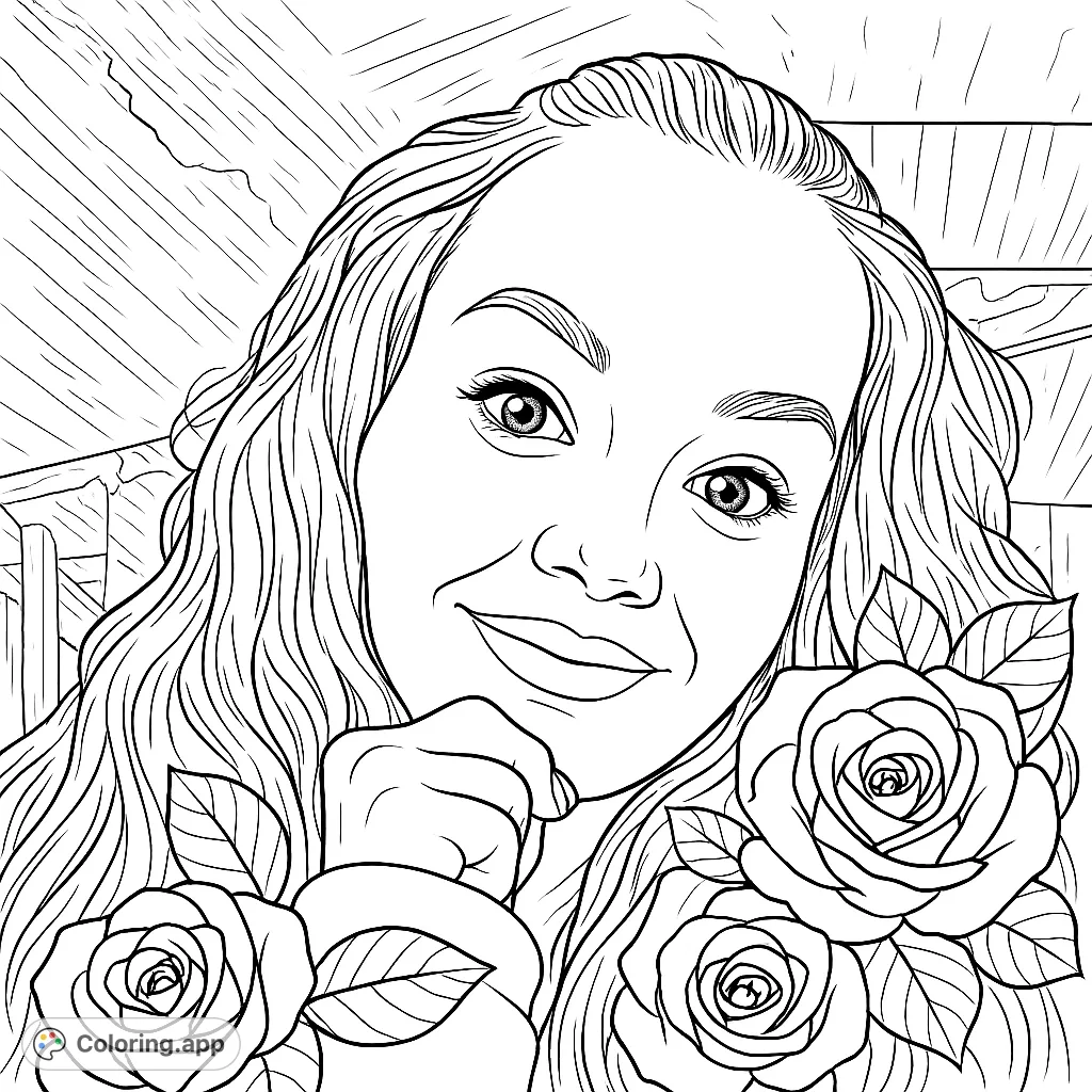 A captivating portrait of a smiling woman with flowing hair, resting her chin on her hand. A beautiful and expressive coloring page for creative minds.