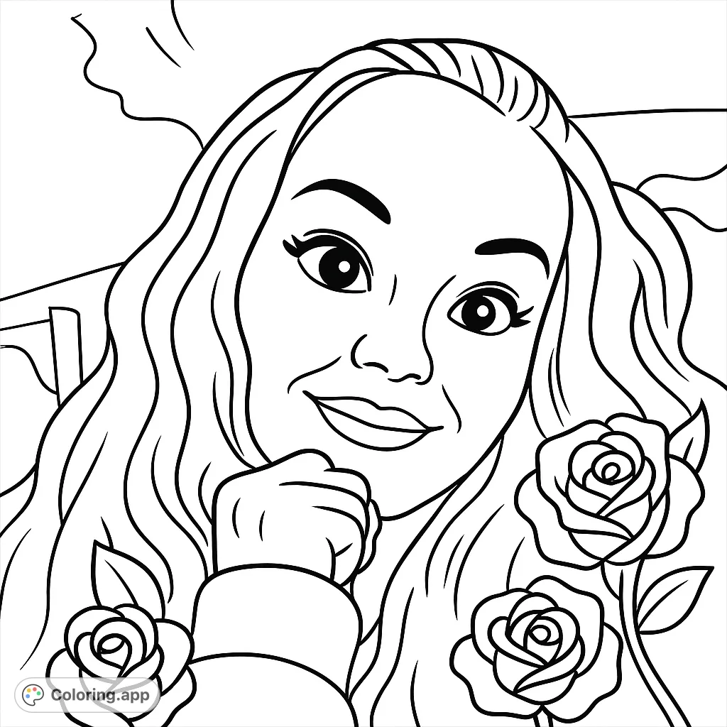 A charming cartoony woman with a gentle smile, framed by flowing hair and delicate roses. This free printable coloring page offers simple, bold outlines for relaxing fun.