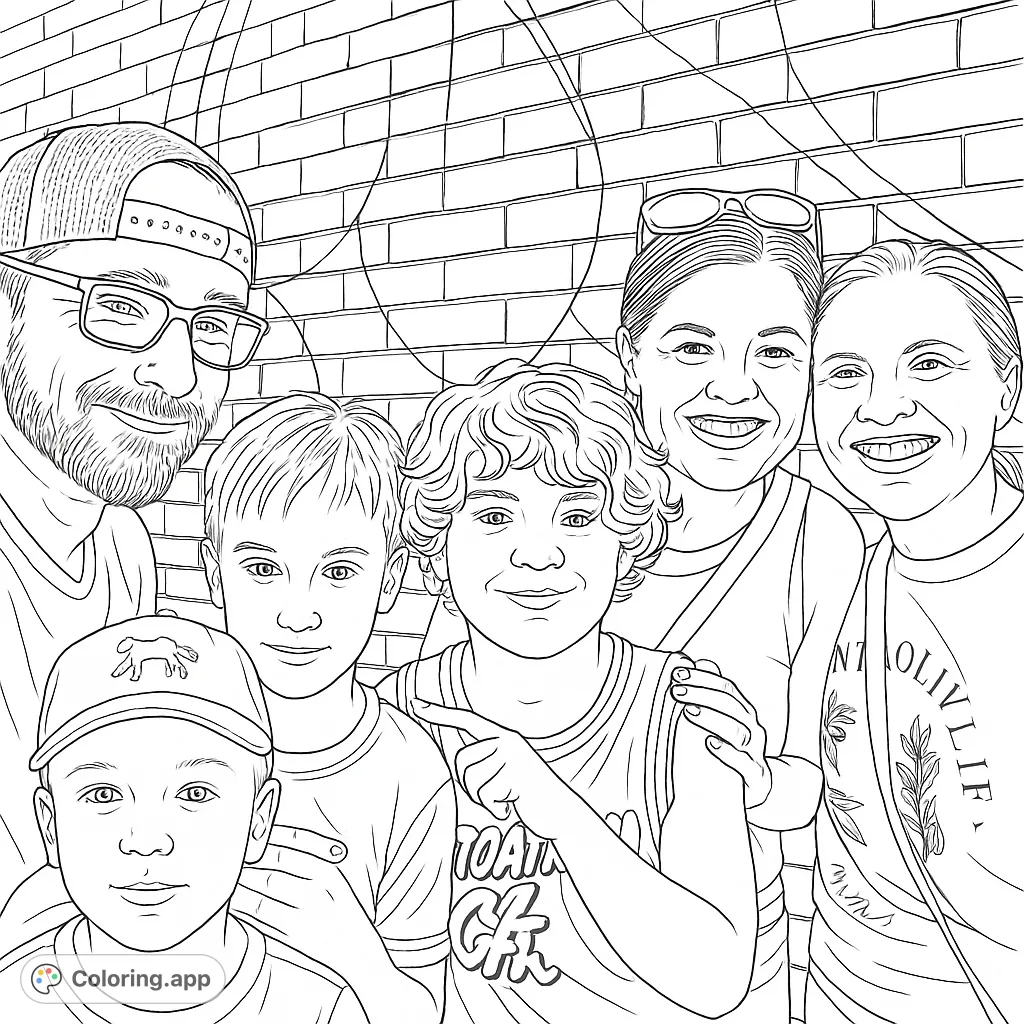 A cheerful family portrait against a vibrant mural, perfect for a fun coloring activity. Capture happy memories with this family coloring page.