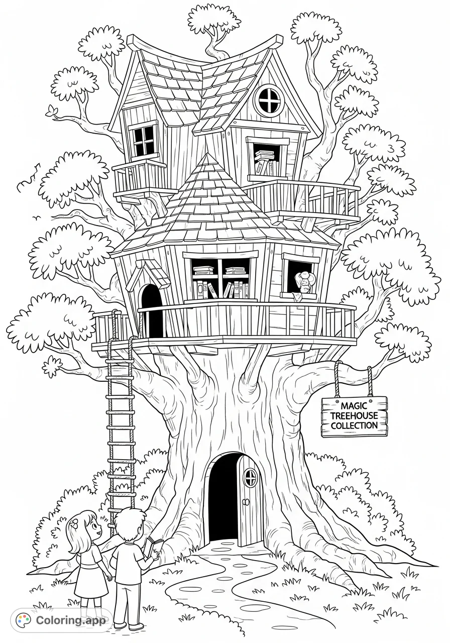 Explore the enchanting Magic Treehouse, nestled in an ancient oak, with Jack and Annie. A captivating adventure coloring page for all ages.