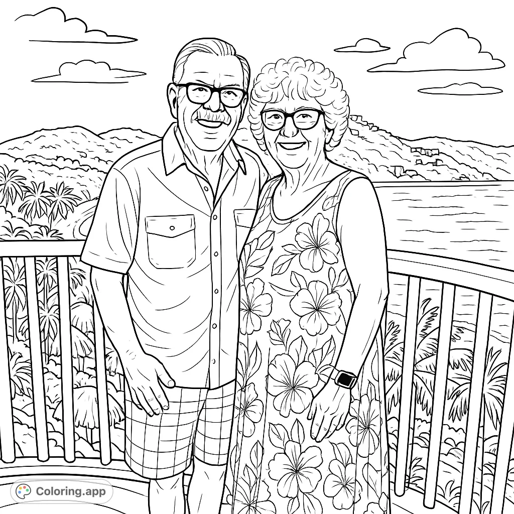 Capture the joy of a smiling couple on a tropical balcony overlooking a scenic bay with mountains and palm trees. A delightful scene for all ages.