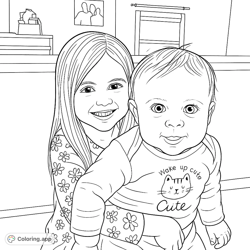 Capture the heartwarming bond of two happy sisters in this delightful coloring page. Features a smiling older girl embracing her baby sibling.