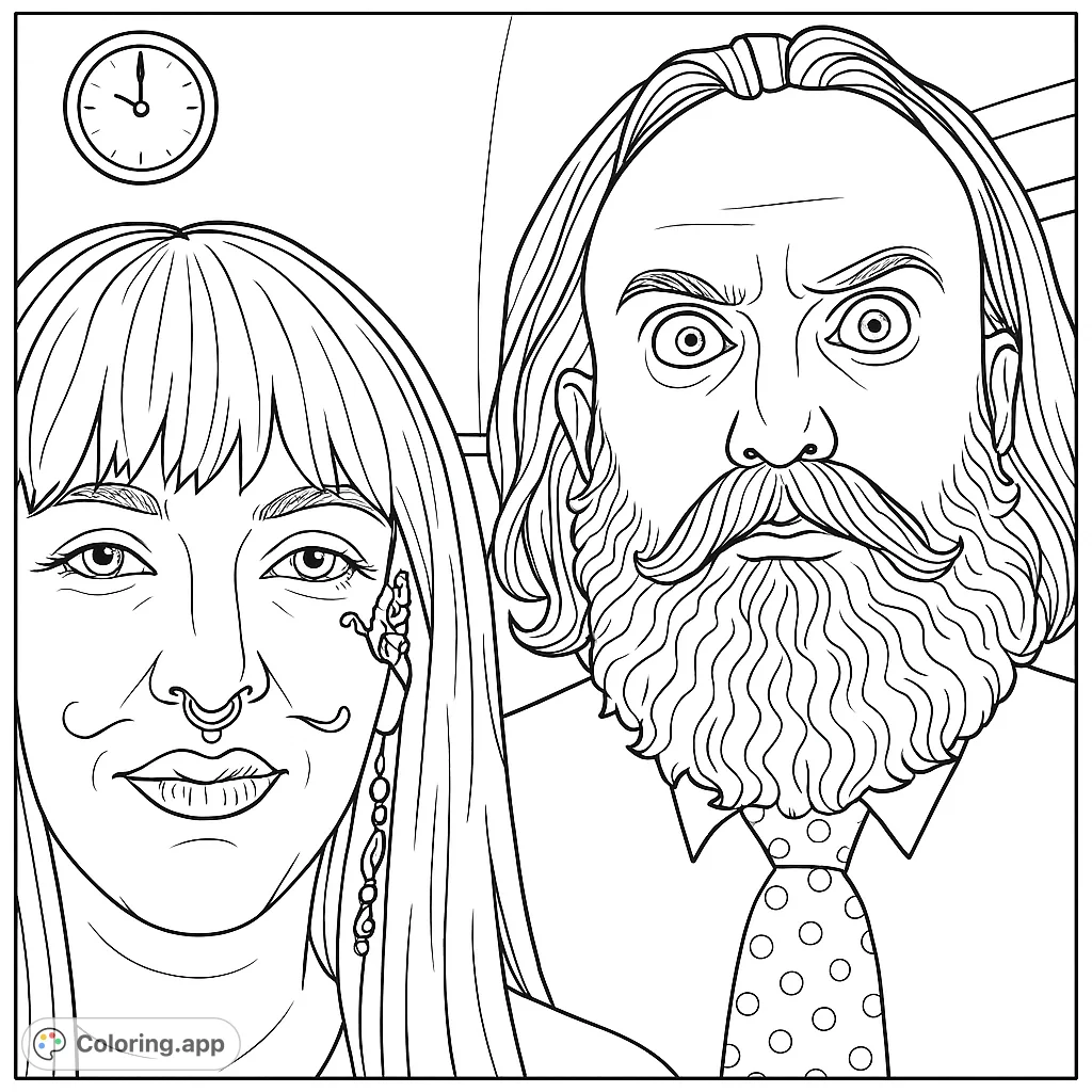 A humorous coloring page featuring two expressive individuals: one with a wig and drawn-on mustache, the other with a full beard and wide-eyed surprise. Perfect for creative fun!