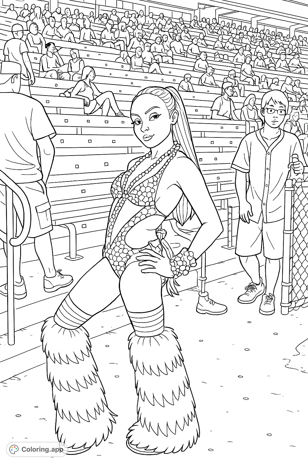 A person in a unique, patterned outfit and fluffy leg coverings at a lively event, surrounded by spectators in tiered seating. A vibrant scene!