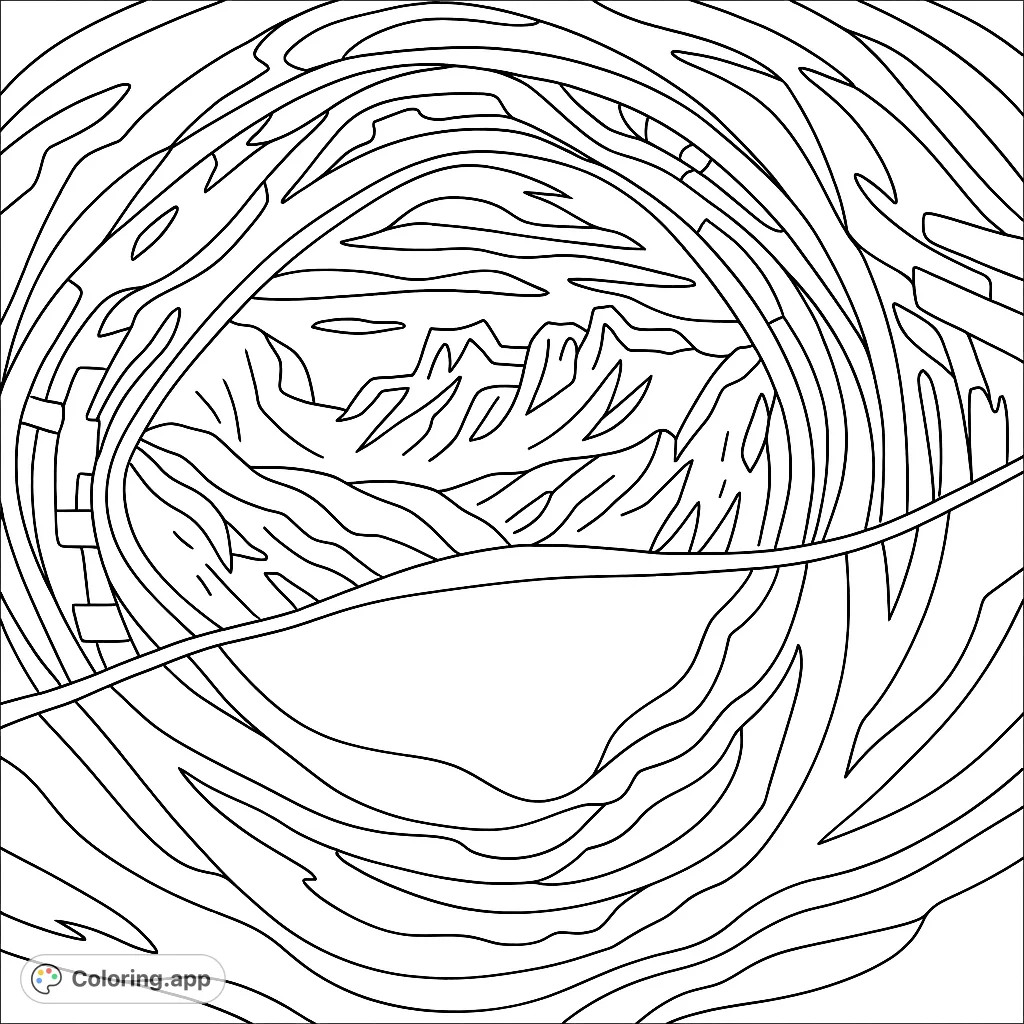 Explore a dynamic landscape through a swirling, abstract portal. Features majestic mountains, rolling hills, and a captivating foreground for creative coloring.